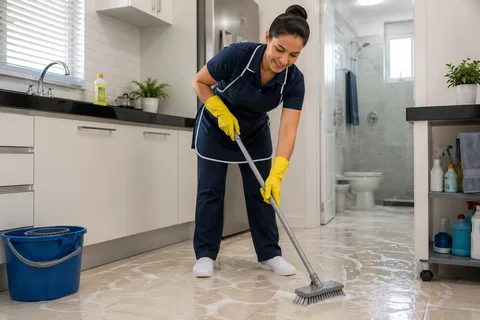 Faxineira de uniforme azul esfregando o piso de um banheiro claro