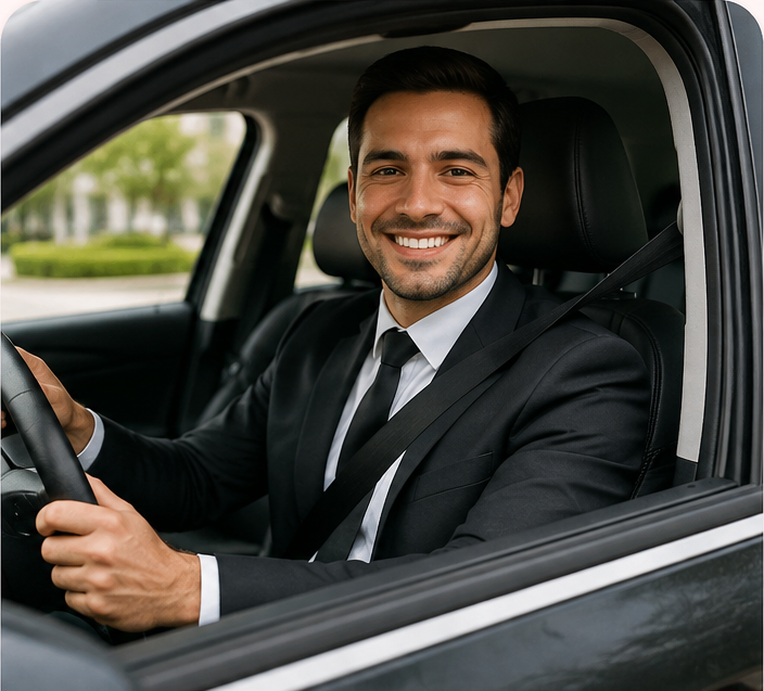 Motorista particular de terno sorrindo ao volante do carro